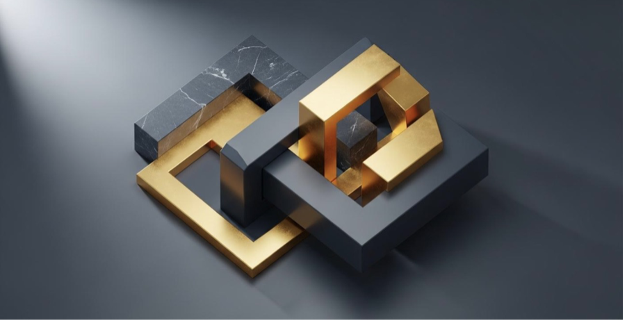 Geometric black stone and gold forms interlocking on a dark background